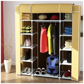 Dzgn Home Çift Yandan Raflı Askılı Bej Metal Profilli Kumaş Geniş Bez Dolap Portatif Gardrop