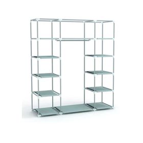 Dzgn Home Çift Yandan Raflı Askılı Gri Metal Profilli Kumaş Geniş Bez Dolap Portatif Gardrop