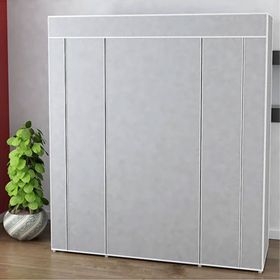 Dzgn Home Çift Yandan Raflı Askılı Gri Metal Profilli Kumaş Geniş Bez Dolap Portatif Gardrop