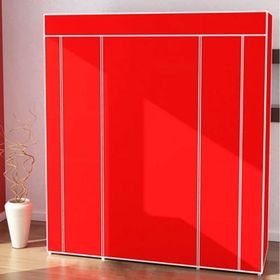Dzgn Home Çift Yandan Raflı Askılı Kırmızı Metal Profilli Kumaş Geniş Bez Dolap Portatif Gardrop