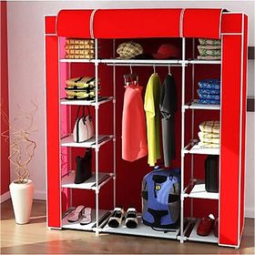 Dzgn Home Çift Yandan Raflı Askılı Kırmızı Metal Profilli Kumaş Geniş Bez Dolap Portatif Gardrop