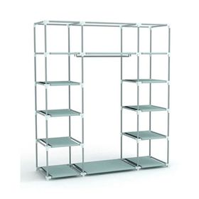 Dzgn Home Çift Yandan Raflı Askılı Lacivert Metal Profilli Kumaş Geniş Bez Dolap Portatif Gardrop