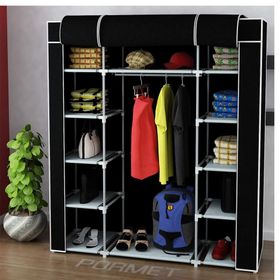 Dzgn Home Çift Yandan Raflı Askılı Siyah Metal Profilli Kumaş Geniş Bez Dolap Portatif Gardrop