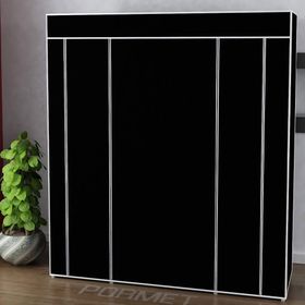 Dzgn Home Çift Yandan Raflı Askılı Siyah Metal Profilli Kumaş Geniş Bez Dolap Portatif Gardrop