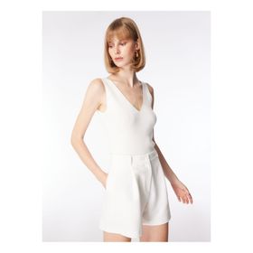 E 4.0 Design Studio x Fabrika F4SL-SHT W37 Yüksek Bel Tailored Fit Kırık Beyaz Kadın Şort