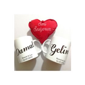 E-Hediyeci 8682005649631 Kişiye Özel Gelin Damat Temalı Yastıklı İkili Kupa Seti