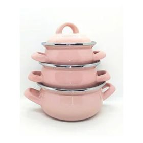 Ebru Metal Pembe Emaye Mini 3’lü Mama Tencere Takımı