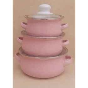 Ebru Metal Pembe Emaye Mini 3’lü Mama Tencere Takımı