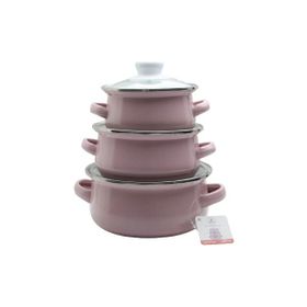 Ebru Metal Pembe Emaye Mini 3’lü Mama Tencere Takımı