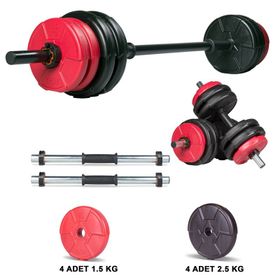 Ecgspor 18 kg Kırmızı Siyah Halter Seti ve Dambıl Seti