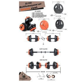 Ecgspor 22 kg Multifonksiyonel Turuncu Siyah Halter Seti ve Dambıl Seti