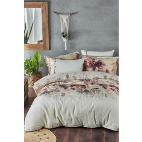 Ecocotton Demre Keten Dijital Bej 220x240 cm Battal Boy Nevresim Takımı
