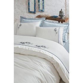 Ecocotton Derin %100 Organik Pamuk Saten El Nakışlı Krem 220x240 cm Battal Boy Nevresim Takımı Seti