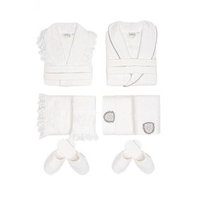 Ecocotton Elsa Krem Pamuk Nakışlı Aile Bornoz Seti