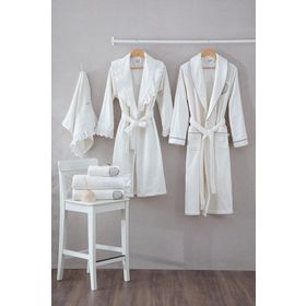 Ecocotton Elsa Krem Pamuk Nakışlı Aile Bornoz Seti