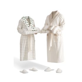 Ecocotton İmre Organik Pamuk Müslin Jakarlı Yeşil Bej Aile Bornoz Seti