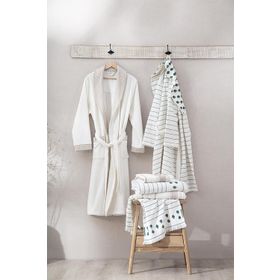 Ecocotton İmre Organik Pamuk Müslin Jakarlı Yeşil Bej Aile Bornoz Seti