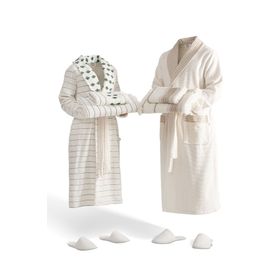 Ecocotton İmre Organik Pamuk Müslin Jakarlı Yeşil Bej Aile Bornoz Seti