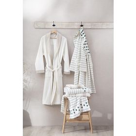 Ecocotton İmre Organik Pamuk Müslin Jakarlı Yeşil Bej Aile Bornoz Seti
