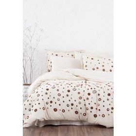 Ecocotton Lal Çift Kişilik %100 Pamuk Keten Panç Nakışlı Bej 200x220 cm Nevresim Takımı