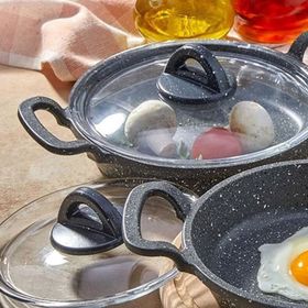 Eda EDA-ZK901 Gri Asya 3'lü Granit Cam Kapaklı Döküm Sahan Seti