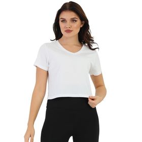 EDELLE Regular Fit Beyaz V Yaka Kadın Crop T-shirt