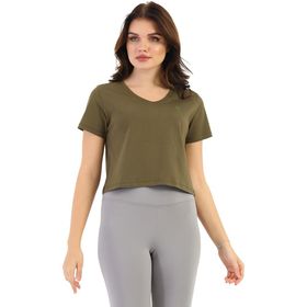 EDELLE Regular Fit Haki V Yaka Kadın Crop T-shirt