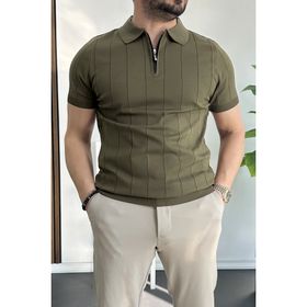 Edwox Haki EDW452 Erkek Slim Fit Fermuarlı Polo Yaka Tişört