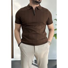 Edwox Kahverengi EDW452 Erkek Slim Fit Fermuarlı Polo Yaka Tişört