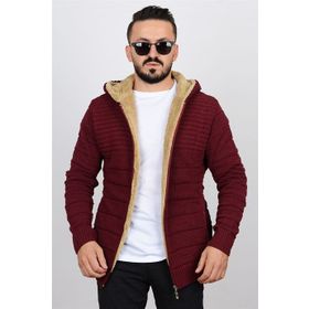 Edwox T743 İçi Kürklü Kapüşonlu Fermuarlı Triko Bordo Erkek Hırka