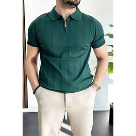 Edwox Yeşil EDW452 Erkek Slim Fit Fermuarlı Polo Yaka Tişört