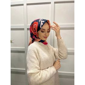 Eflatun 00747 Lacivert Fuşya Scarf Pamuklu Cotton Minimal Çiçek Desenli Eşarp