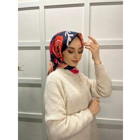 Eflatun 00747 Lacivert Fuşya Scarf Pamuklu Cotton Minimal Çiçek Desenli Eşarp
