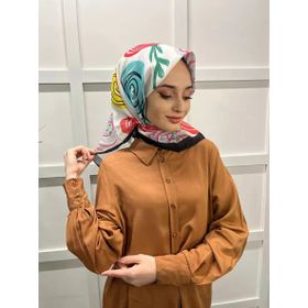 Eflatun 00747 Siyah Turkuaz Scarf Pamuklu Cotton Minimal Çiçek Desenli Eşarp
