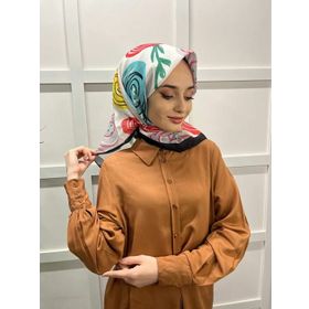 Eflatun 00747 Siyah Turkuaz Scarf Pamuklu Cotton Minimal Çiçek Desenli Eşarp