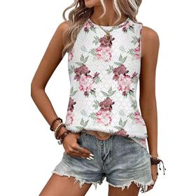 EIRUKON Tank Top Vintage Casual Kırmızı Çiçekler Yuvarlak Yaka Şık Kadın T-shirt