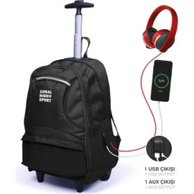 Elatae Siyah 23251 Unisex Çok Gözlü Çekcekli Dört Bölmeli Usb'li Tekerlekli Okul Çantası