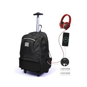 Elatae Siyah 23251 Unisex Çok Gözlü Çekcekli Dört Bölmeli Usb'li Tekerlekli Okul Çantası