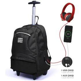 Elatae Siyah 23251 Unisex Çok Gözlü Çekcekli Dört Bölmeli Usb'li Tekerlekli Okul Çantası