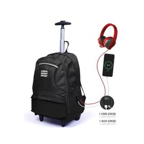 Elatae Siyah 23251 Unisex Çok Gözlü Çekcekli Dört Bölmeli Usb'li Tekerlekli Okul Çantası