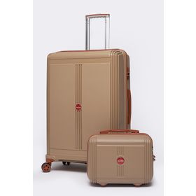Elatae V303 Premium Vizon-Camel Polipropilen Büyük ve Makyaj Boy 2'li Kırılmaz Valiz Seti