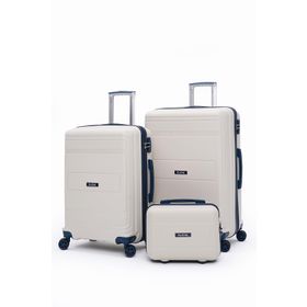 Elatae V305 Bej-Lacivert Premium Poliropilen Büyük-Orta-Makyaj 3'lü Kırılmaz Valiz Seti