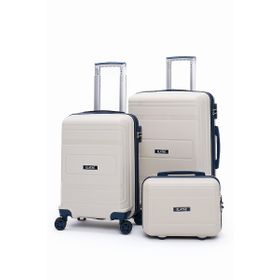Elatae V305 Bej-Lacivert Premium Poliropilen Orta-Kabin-Makyaj 3'lü Kırılmaz Valiz Seti