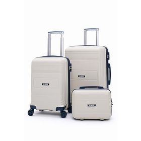 Elatae V305 Bej-Lacivert Premium Poliropilen Orta-Kabin-Makyaj 3'lü Kırılmaz Valiz Seti