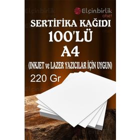 Elçinbirlik 100 Adet 220 gr A4 Kalın Kartuşlu Mürekkepli Tüm Yazıcılara Uygun Sertifika Kağıdı