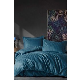 Elegant Mavi Stripe Saten Çift Kişilik Nevresim Takımı