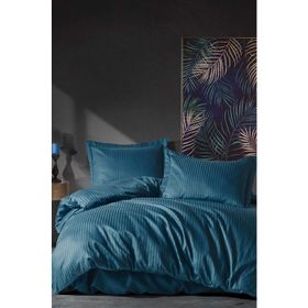 Elegant Mavi Stripe Saten Çift Kişilik Nevresim Takımı