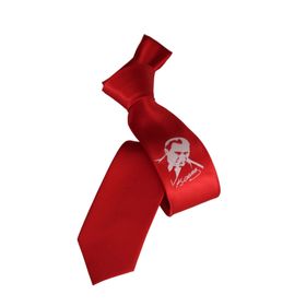 Elegante Cravatte ATA02 Atatürk Baskılı Erkek Kırmızı Saten Kravat