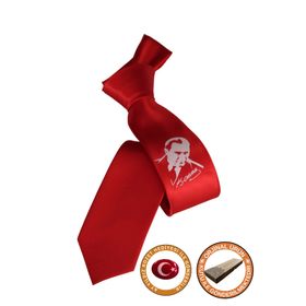 Elegante Cravatte ATA02 Atatürk Baskılı Erkek Kırmızı Saten Kravat