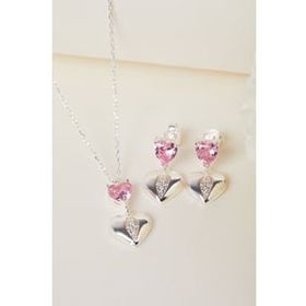 Elika Silver 925 Ayar Gümüş Sallantılı Kalp Kolye ve Küpe Set